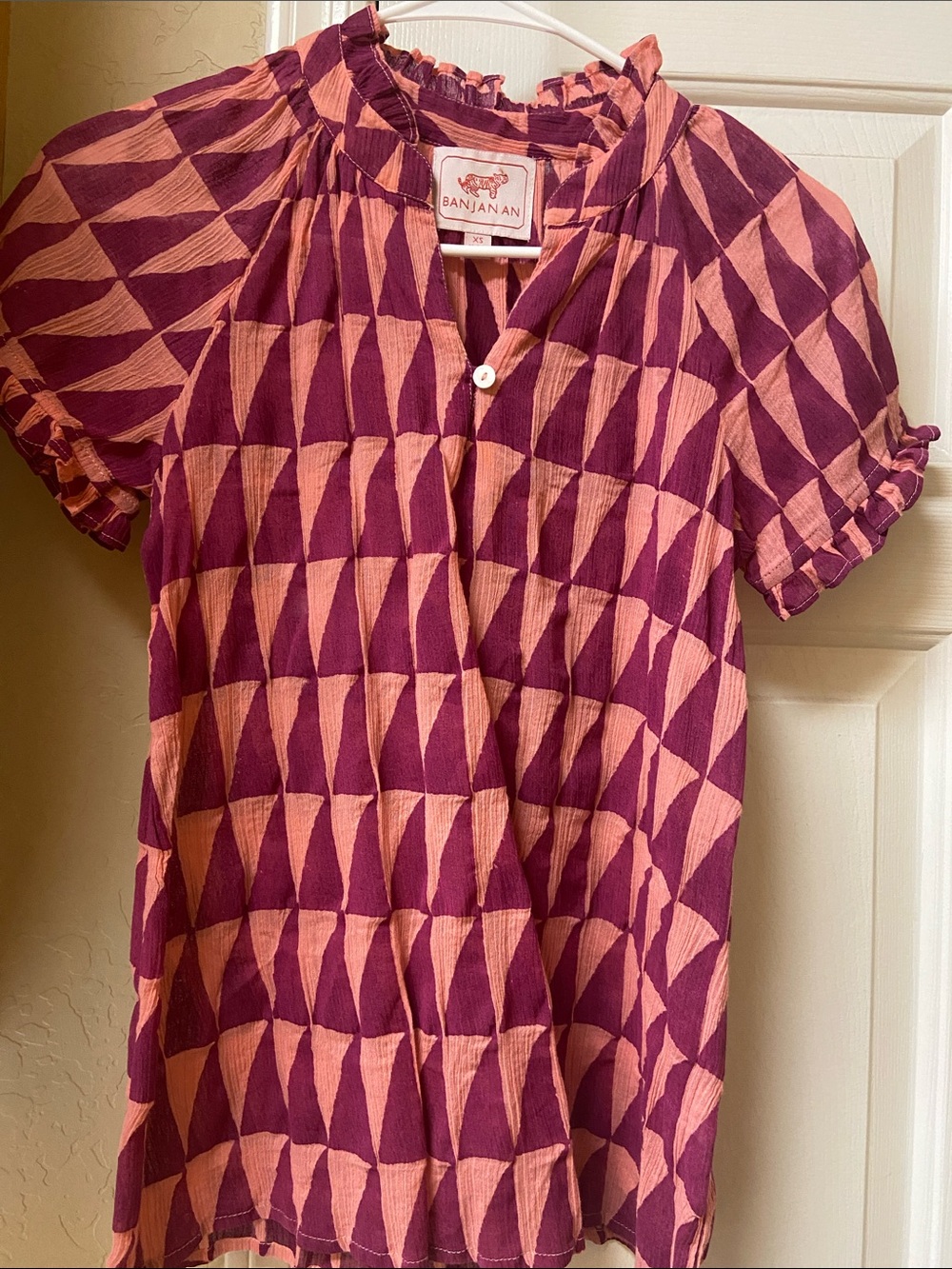Banjanan Plum and Peach Geometric Ruffle Neck Short Sleeve Top